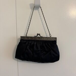Ann Taylor Loft Black Satin Pleated Evening Clutch Bag Kiss Lock Filigree Frame
